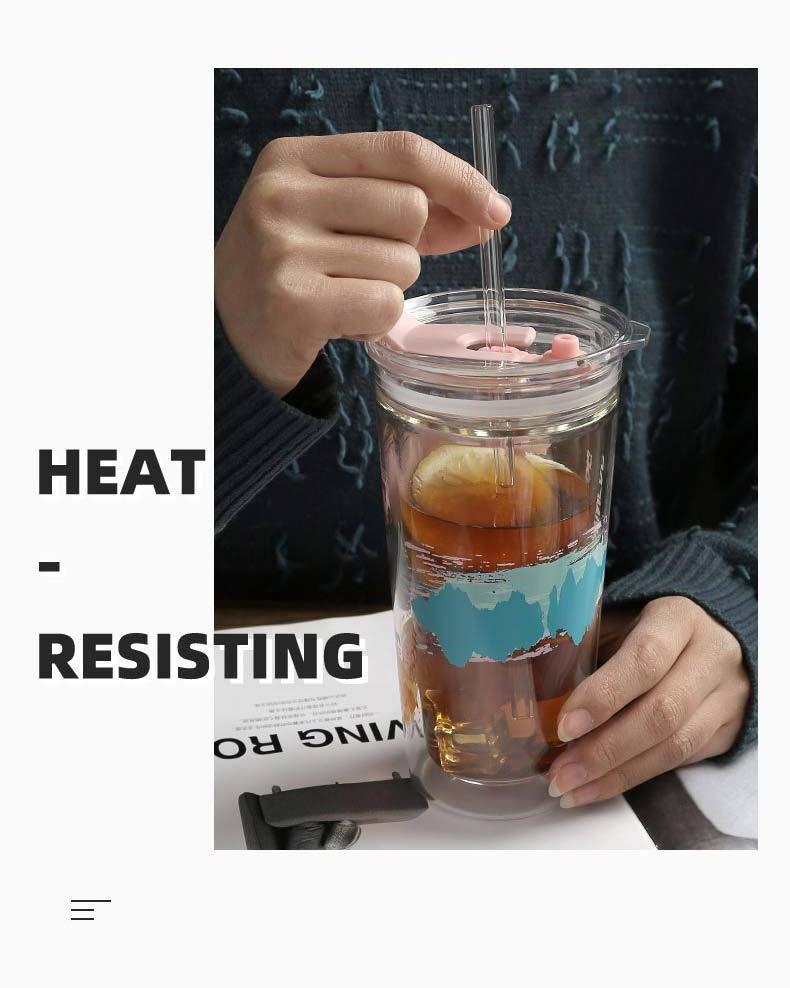 High-end Creative Cartoon Straw Double-layered Glass Cup Cute Household Milk Straw Cup with Lid Reusable Cup Cold Tumbler Cup