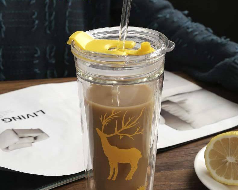 High-end Creative Cartoon Straw Double-layered Glass Cup Cute Household Milk Straw Cup with Lid Reusable Cup Cold Tumbler Cup