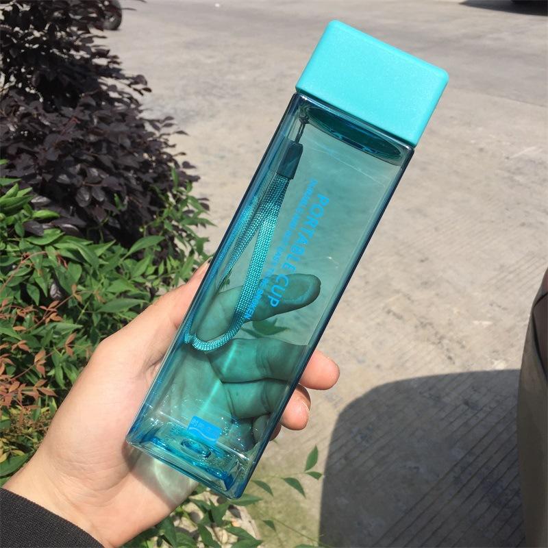 New Water Bottle Transparent Square Plastic Matte Drink Cup Outdoor Cold Juice Milk Sport Bottle With Portable Rope Leakproof