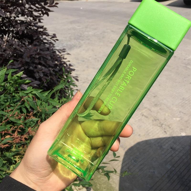 New Water Bottle Transparent Square Plastic Matte Drink Cup Outdoor Cold Juice Milk Sport Bottle With Portable Rope Leakproof