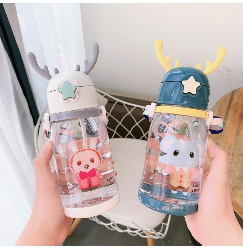 Children's Water Bottles Straw Plastic Water Cup Strap Summer Drinking Bottles Deer Student Baby Kids Bottles Cartoon Kettle