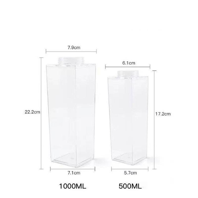 500ml/1000ml Milk Carton Water Bottle Transparent BPA Free Plastic Portable Clear Box for Juice Tea Milk Bottles