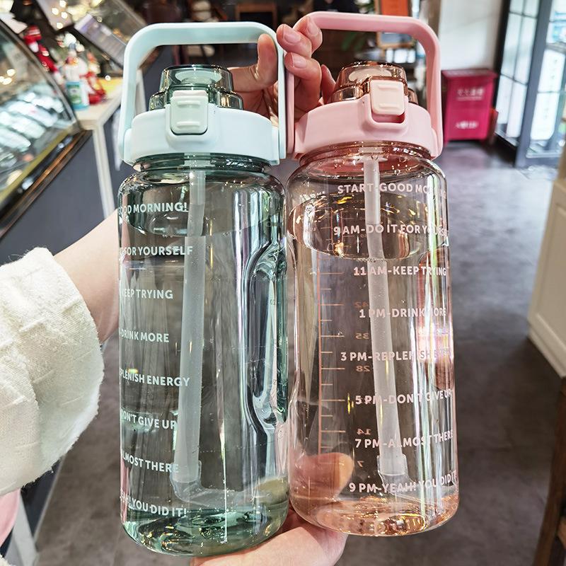 2L Outdoor Water Bottle Large Capacity Portable Transparent Water Bottle With Bounce Cover Time Scale Reminder forSports Fitnes