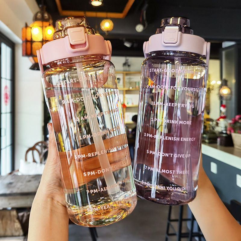 2L Outdoor Water Bottle Large Capacity Portable Transparent Water Bottle With Bounce Cover Time Scale Reminder forSports Fitnes