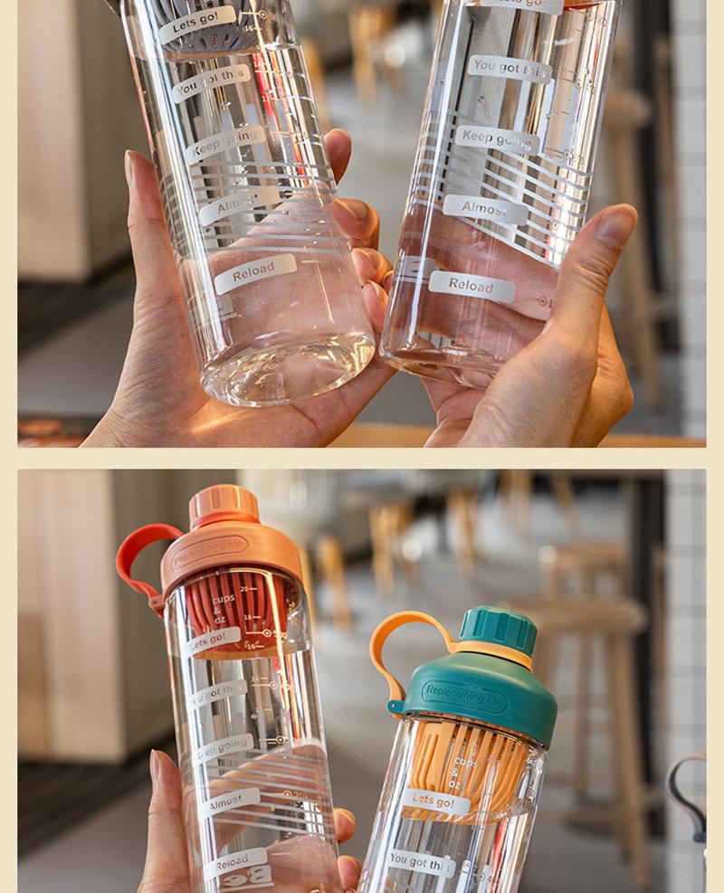 Large Capacity Water Bottle With Tea Divider Cup Plastic Water Cup Time Scale Frosted Outdoor Sports Gym Student Couple Cup Girl