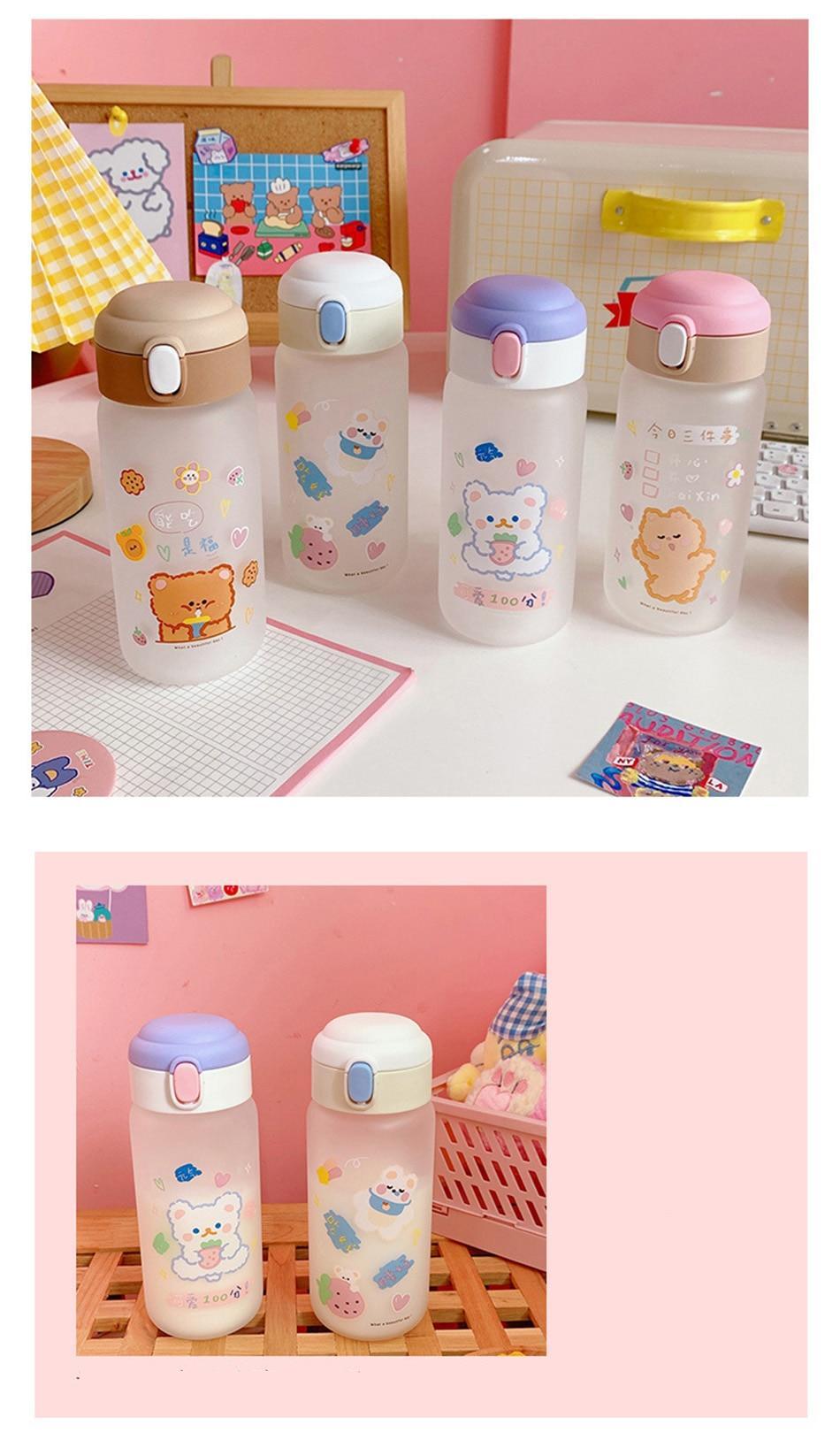 Creative Transparent Glass Water Bottle With Straw Cartoon Frosted Leakproof Travel Drinkware Cute Kids Student Girl Gift Cups